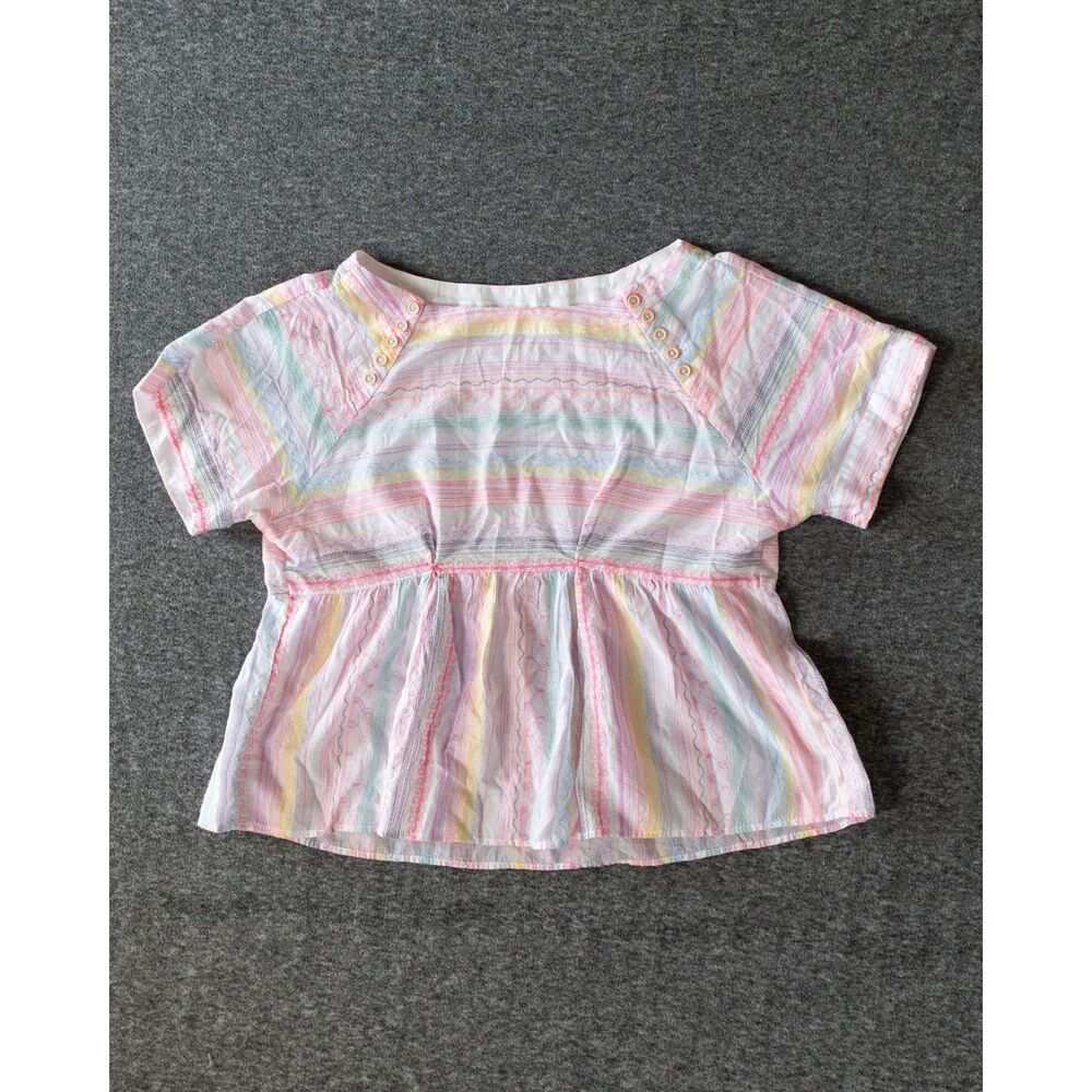 Anthropologie Letty Babydoll Blouse Top White Neon Embroidered Rainbow Sz S